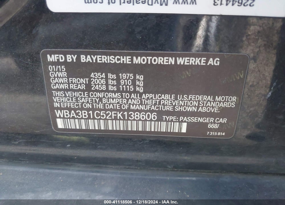 2015 BMW 320I VIN: WBA3B1C52FK138606