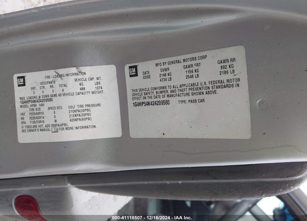 2002 BUICK LESABRE CUSTOM VIN: 1G4HP54K424209580