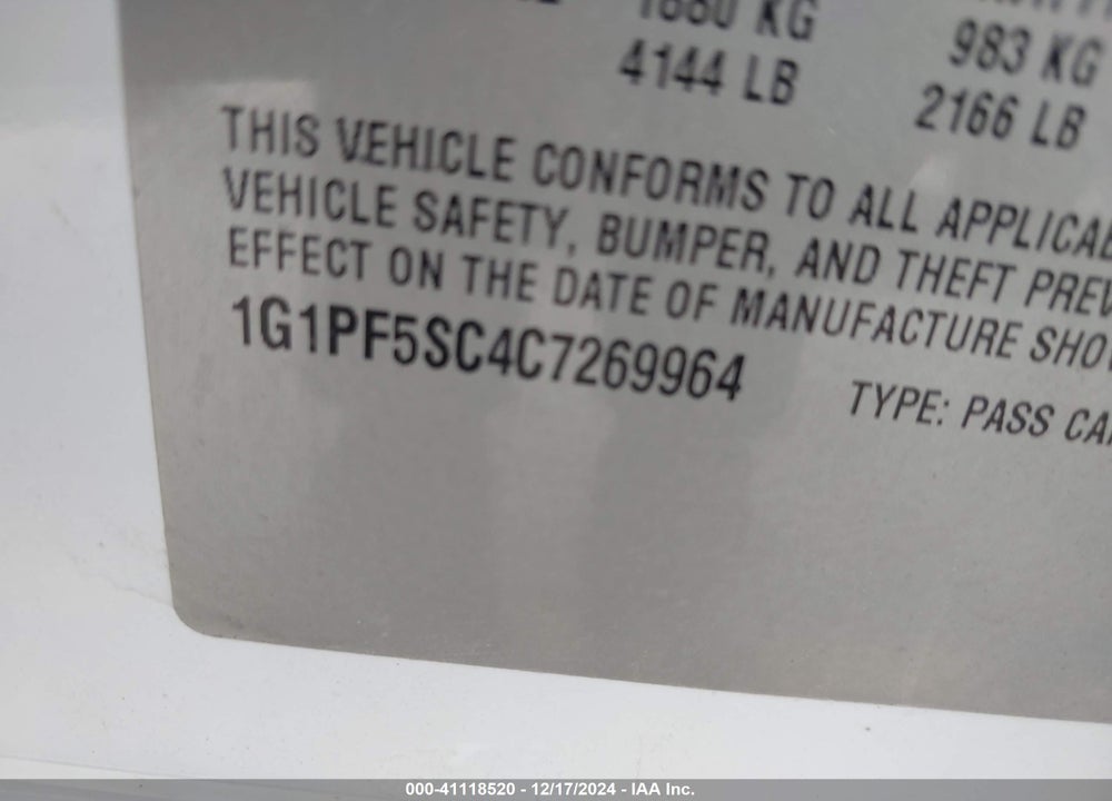 2012 CHEVROLET CRUZE 1LT VIN: 1G1PF5SC4C7269964