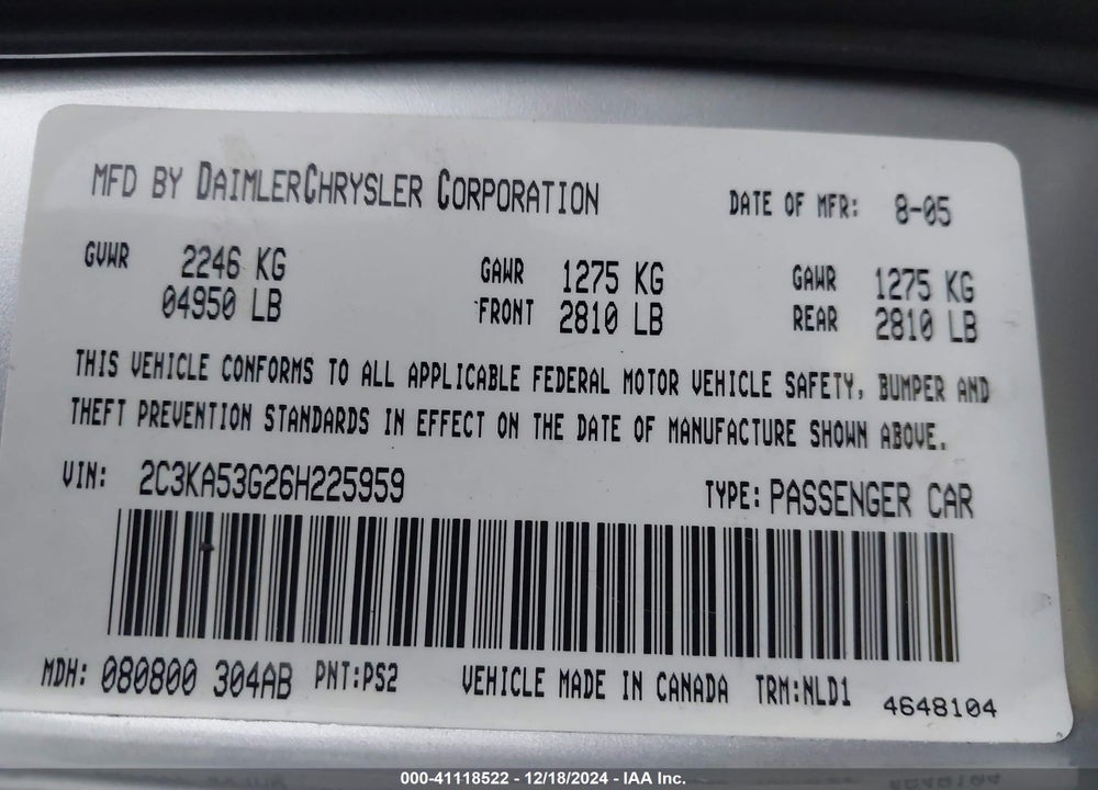 2006 CHRYSLER 300 TOURING VIN: 2C3KA53G26H225959