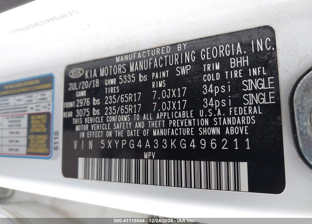2019 KIA SORENTO 2.4L LX VIN: 5XYPG4A33KG496211