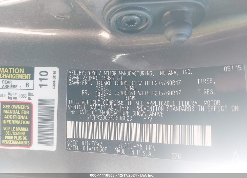 2015 TOYOTA SIENNA LE 8 PASSENGER VIN: 5TDKK3DC2FS616023