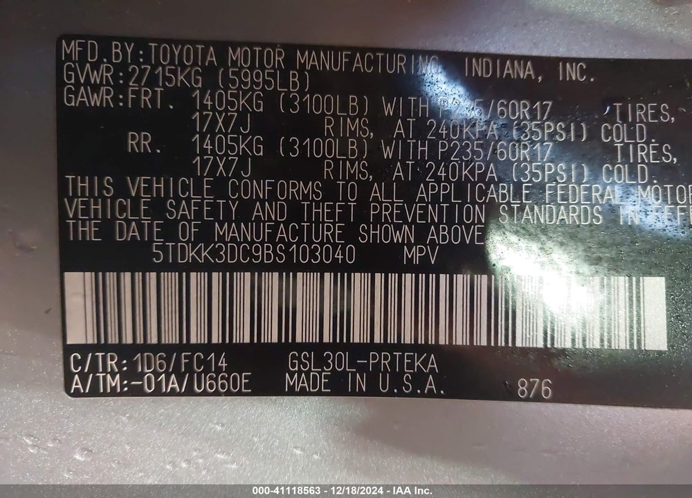 2011 TOYOTA SIENNA LE V6 VIN: 5TDKK3DC9BS103040