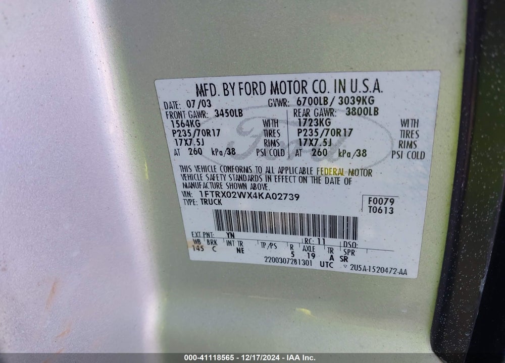 2004 FORD F-150 STX/XLT VIN: 1FTRX02WX4KA02739