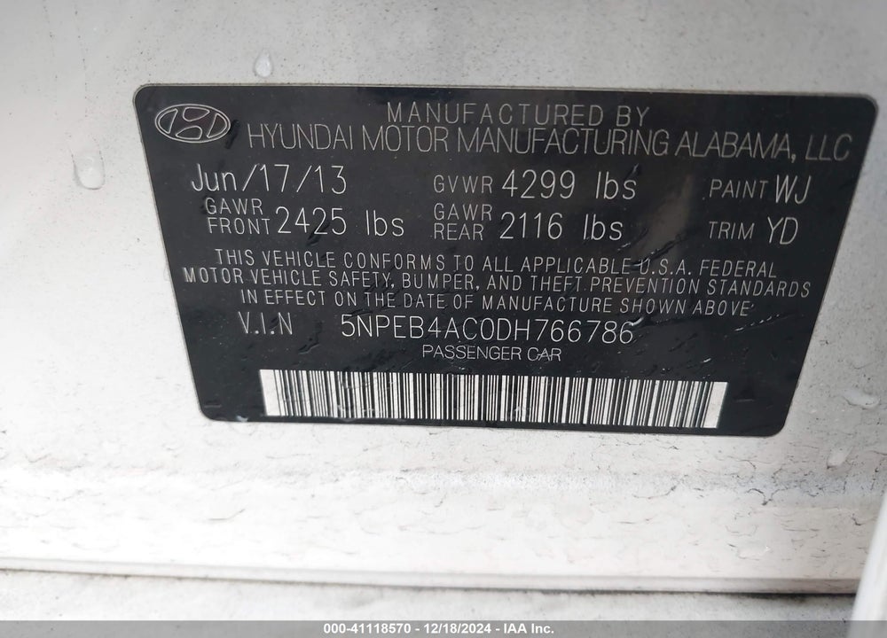 2013 HYUNDAI SONATA GLS VIN: 5NPEB4AC0DH766786