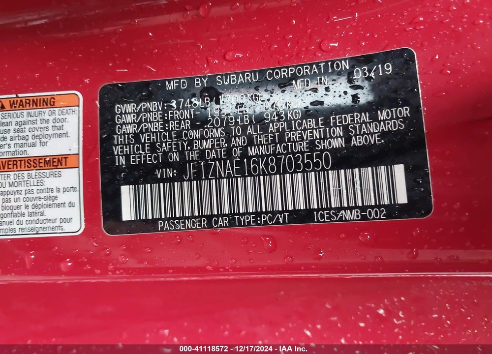 2019 TOYOTA 86 GT VIN: JF1ZNAE16K8703550
