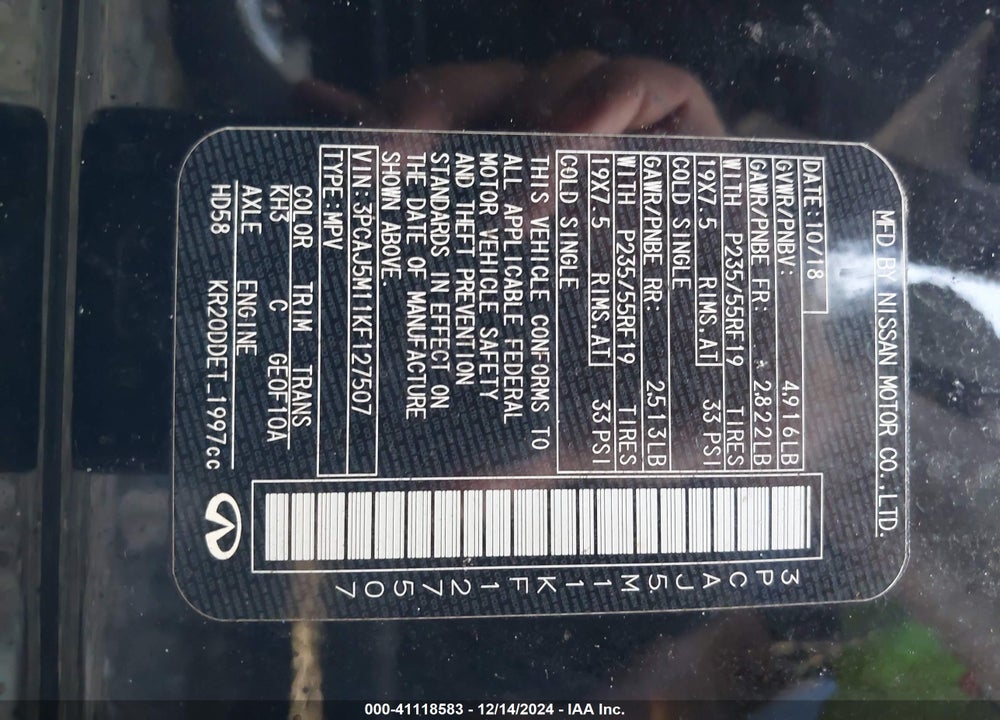 2019 INFINITI QX50 VIN: 3PCAJ5M11KF127507
