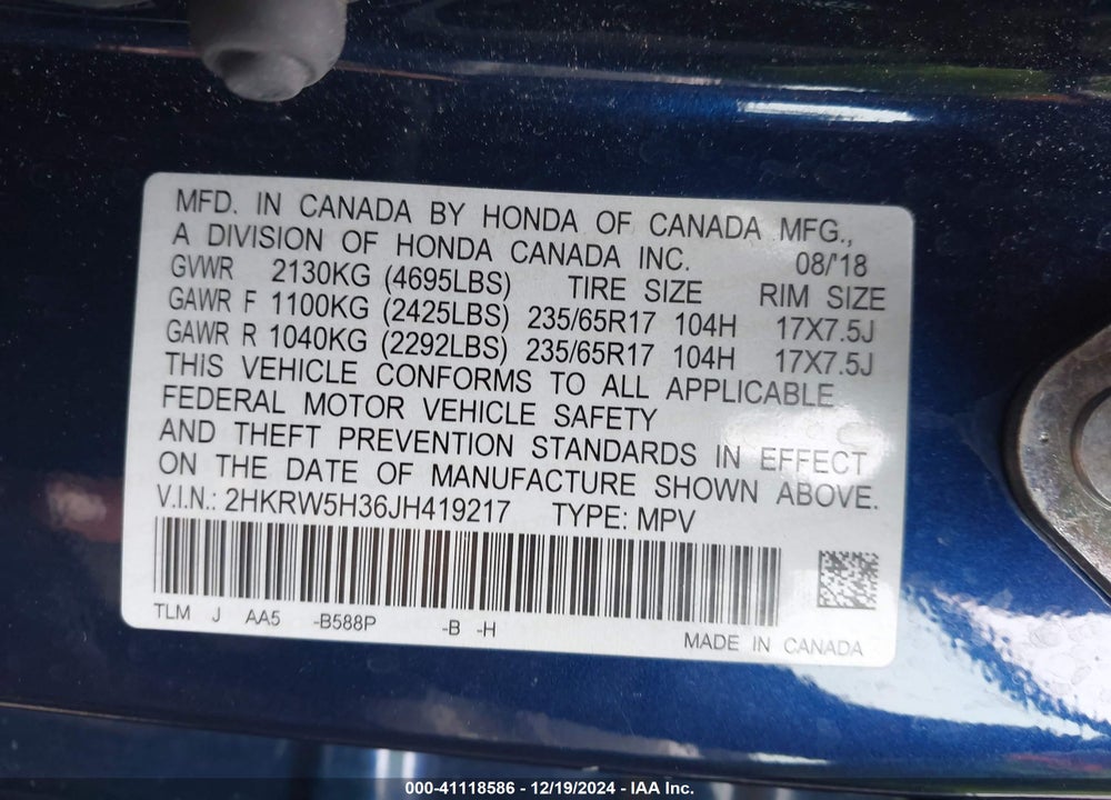 2018 HONDA CR-V LX VIN: 2HKRW5H36JH419217