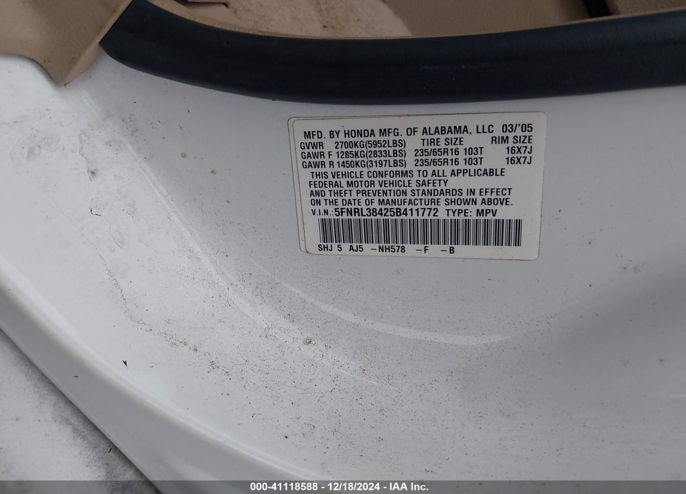 2005 HONDA ODYSSEY EX VIN: 5FNRL38425B411772