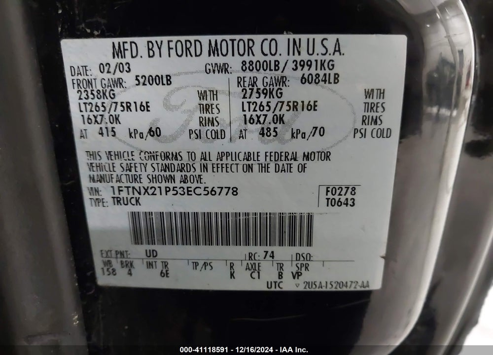 2003 FORD F-250 LARIAT/XL/XLT VIN: 1FTNX21P53EC56778
