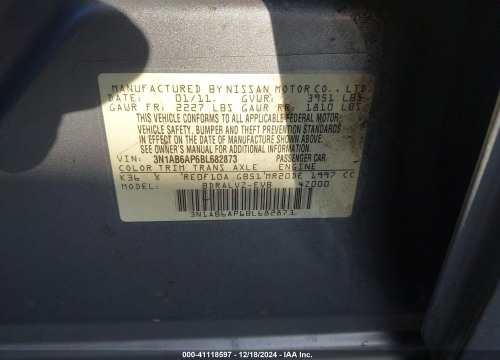 2011 NISSAN SENTRA 2.0SL VIN: 3N1AB6AP6BL682873