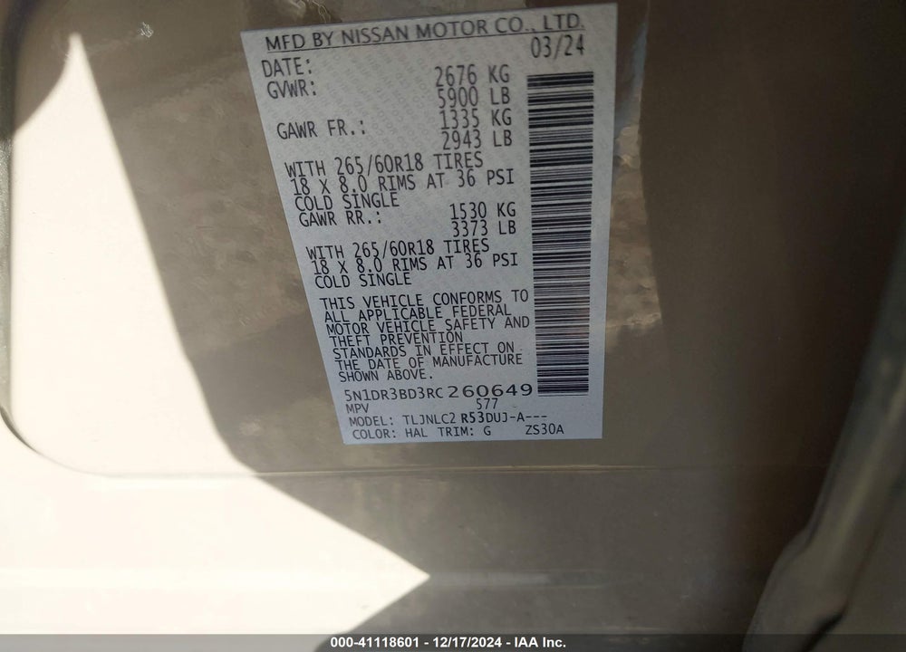 2024 NISSAN PATHFINDER ROCK CREEK 4WD VIN: 5N1DR3BD3RC260649