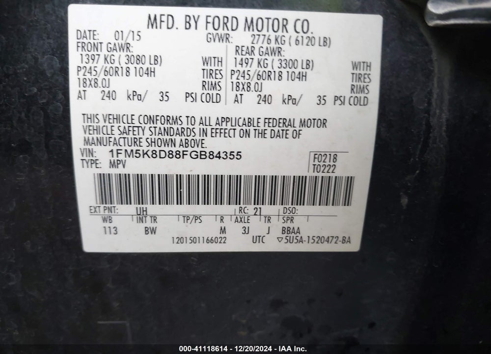2015 FORD EXPLORER XLT VIN: 1FM5K8D88FGB84355