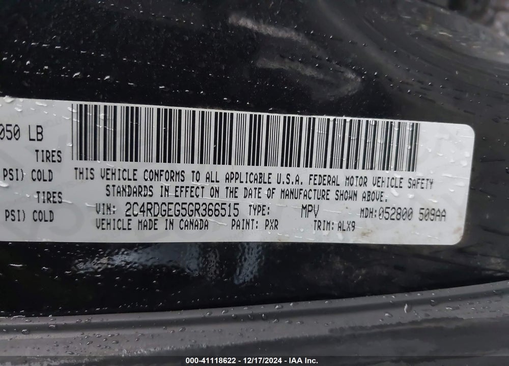 2016 DODGE GRAND CARAVAN R/T VIN: 2C4RDGEG5GR366515