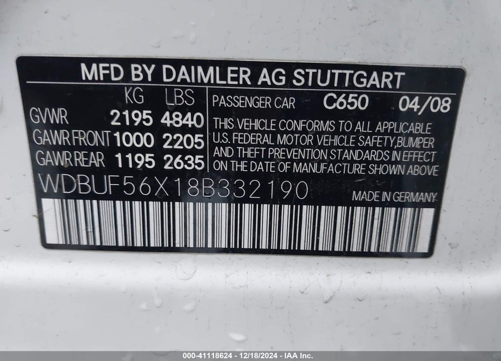 2008 MERCEDES-BENZ E 350 VIN: WDBUF56X18B332190