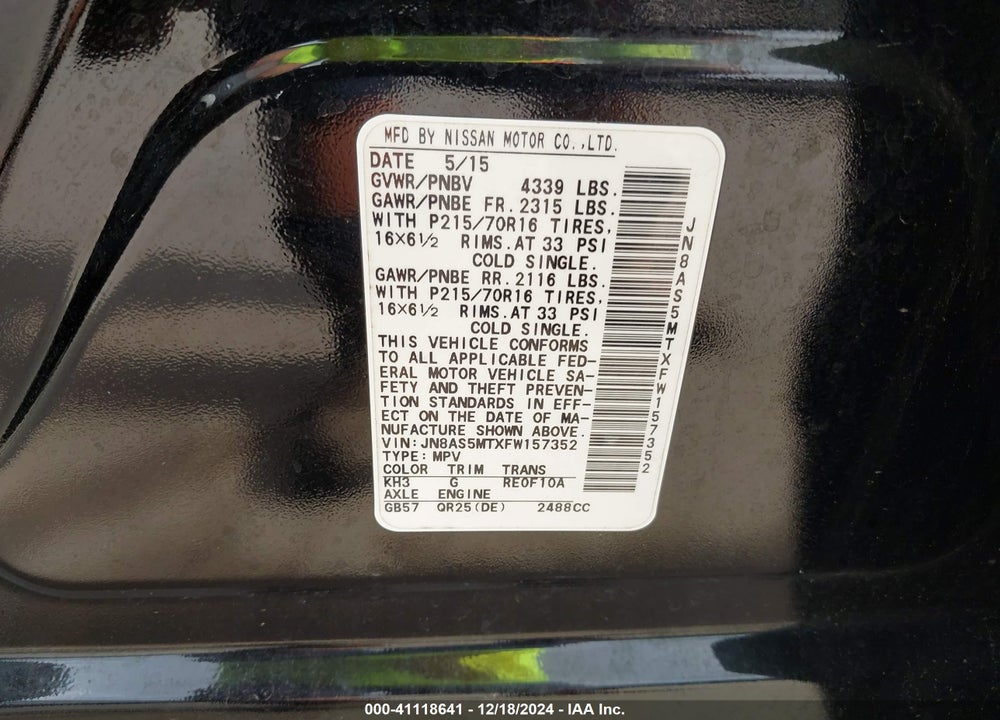2015 NISSAN ROGUE SELECT S VIN: JN8AS5MTXFW157352