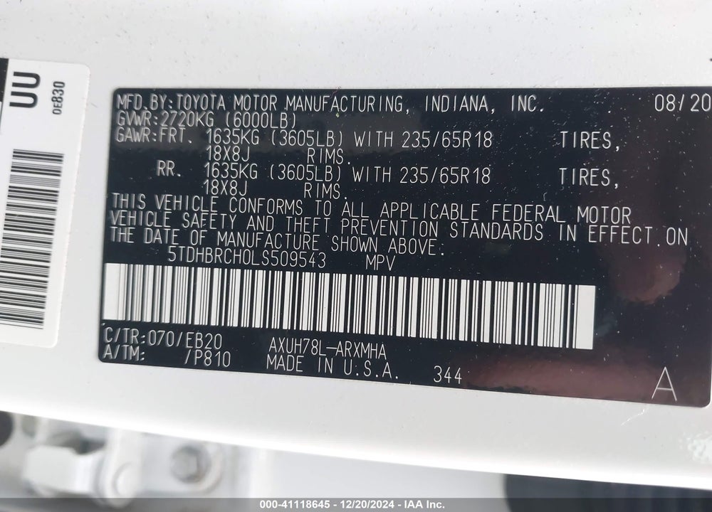 2020 TOYOTA HIGHLANDER HYBRID XLE VIN: 5TDHBRCH0LS509543