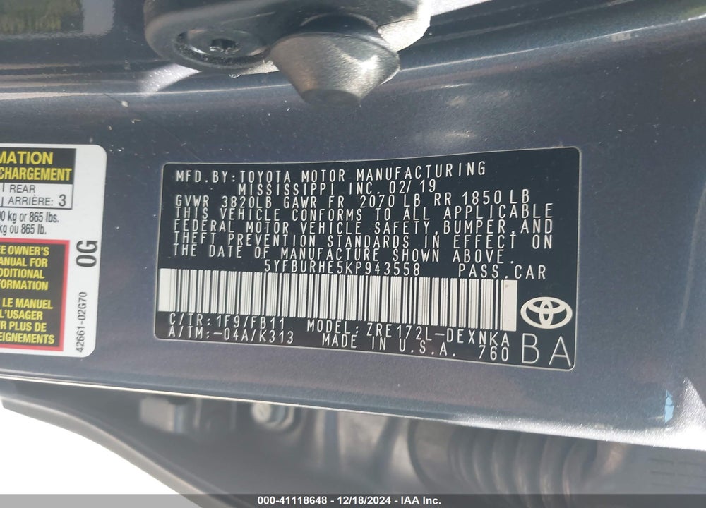 2019 TOYOTA COROLLA LE VIN: 5YFBURHE5KP943558