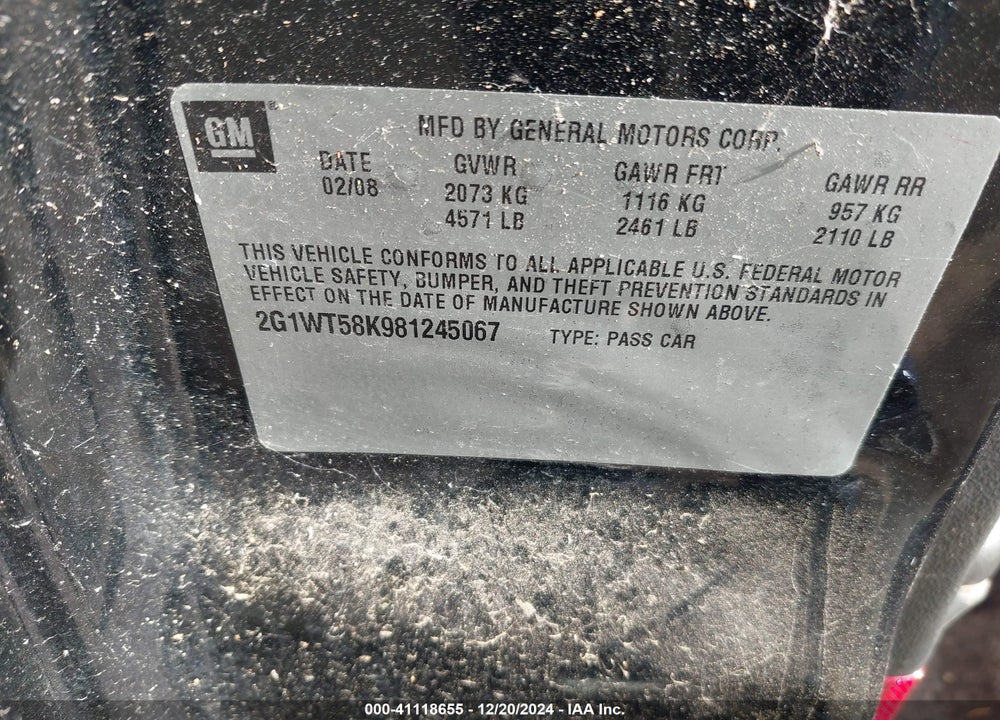 2008 CHEVROLET IMPALA LT VIN: 2G1WT58K981245067