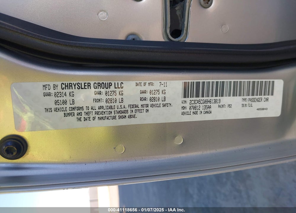2011 CHRYSLER 300 LIMITED VIN: 2C3CA5CG0BH613819