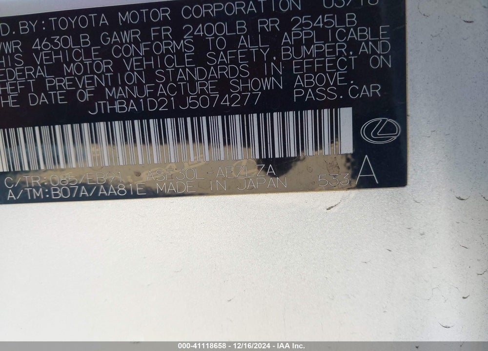 2018 LEXUS IS VIN: JTHBA1D21J5074277