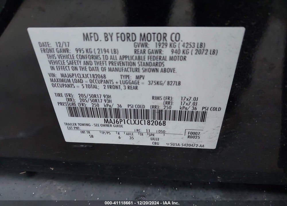 2018 FORD ECOSPORT SES VIN: MAJ6P1CLXJC182068