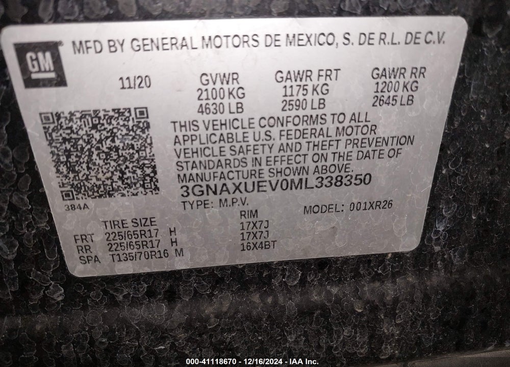 2021 CHEVROLET EQUINOX AWD LT VIN: 3GNAXUEV0ML338350