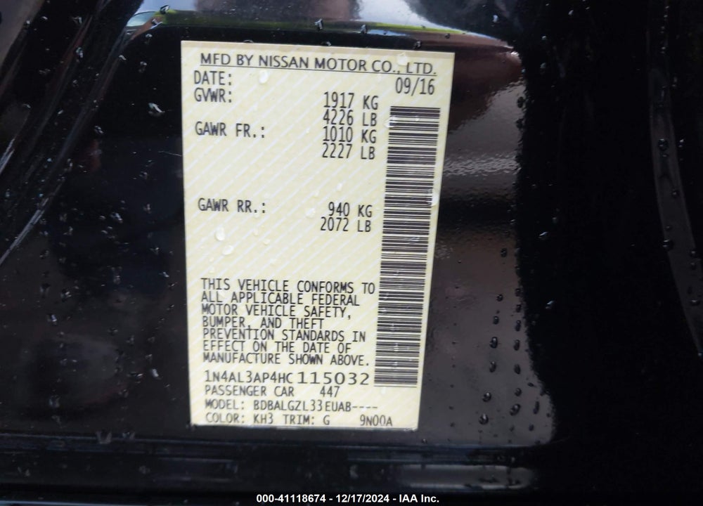 2017 NISSAN ALTIMA VIN: 1N4AL3AP4HC115032