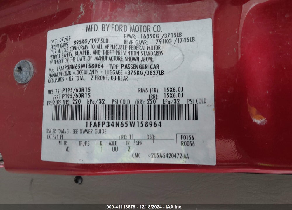 2005 FORD FOCUS ZX4 VIN: 1FAFP34N65W158964