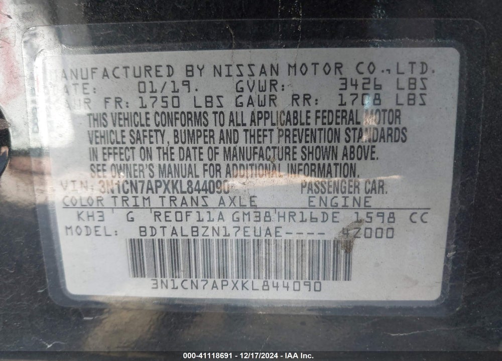 2019 NISSAN VERSA VIN: 3N1CN7APXKL844090