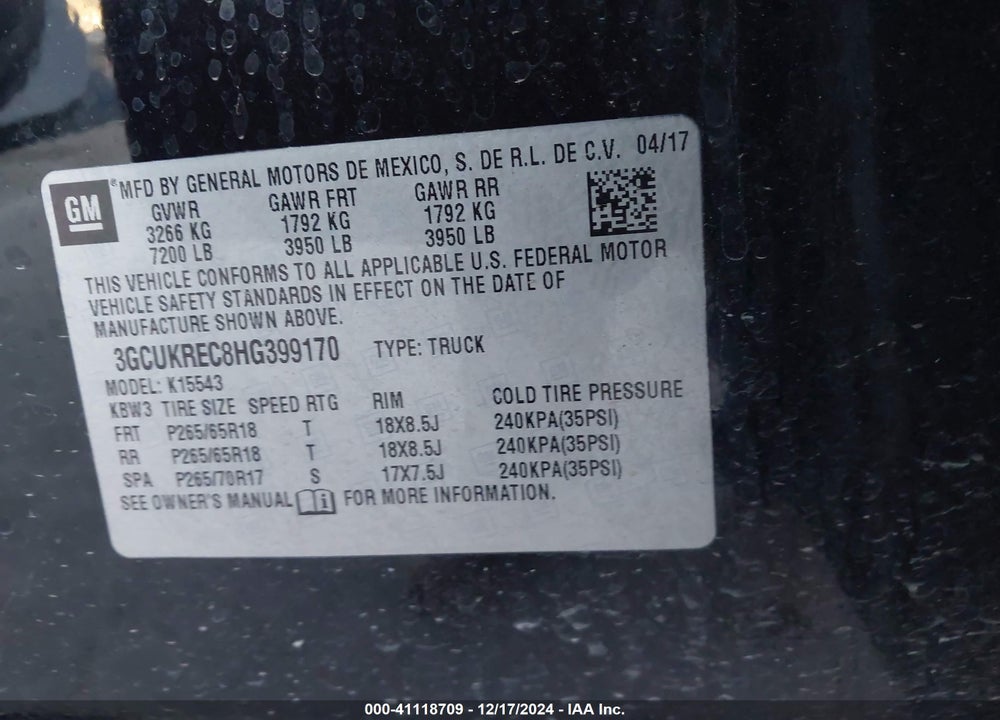 2017 CHEVROLET SILVERADO 1500 VIN: 3GCUKREC8HG399170