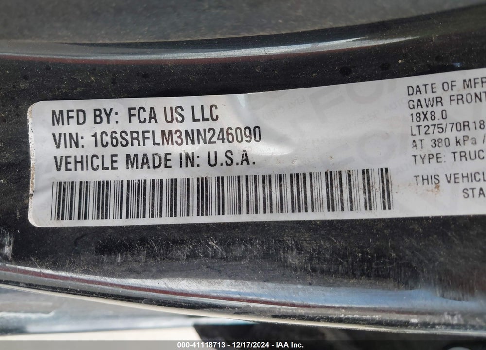 2022 RAM 1500 VIN: 1C6SRFLM3NN246090