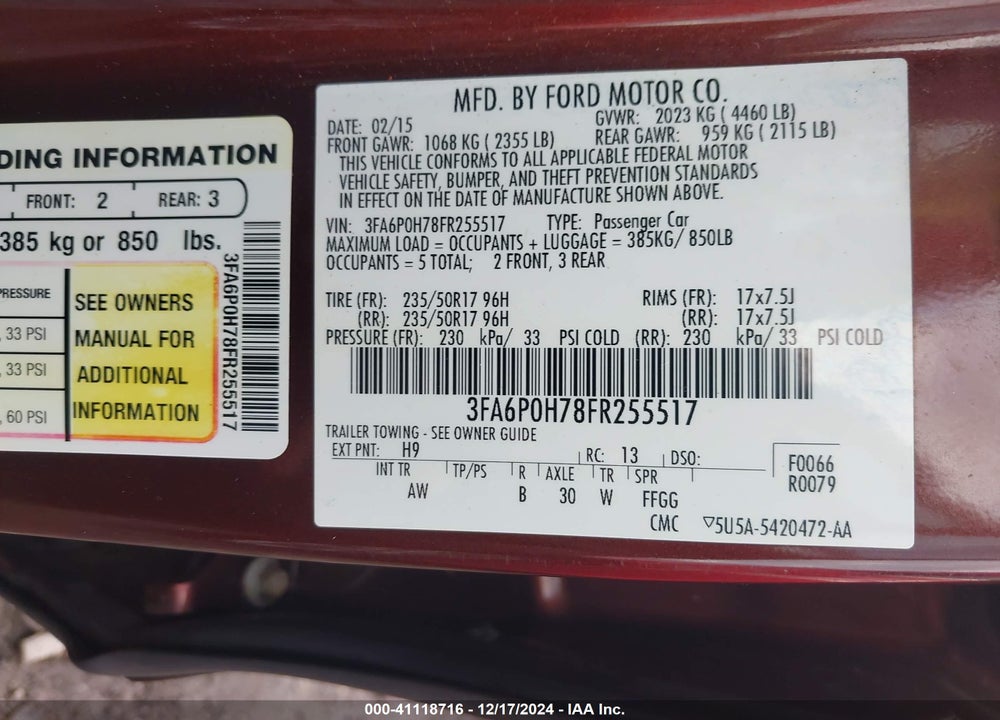 2015 FORD FUSION VIN: 3FA6P0H78FR255517