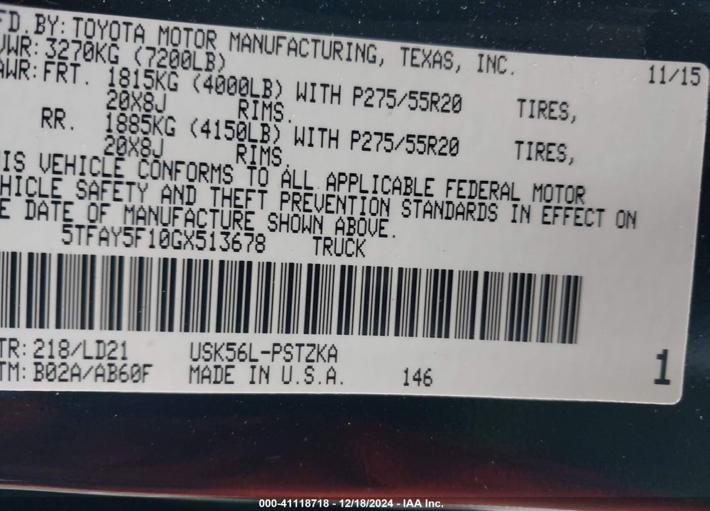2016 TOYOTA TUNDRA 1794 5.7L V8 VIN: 5TFAY5F10GX513678