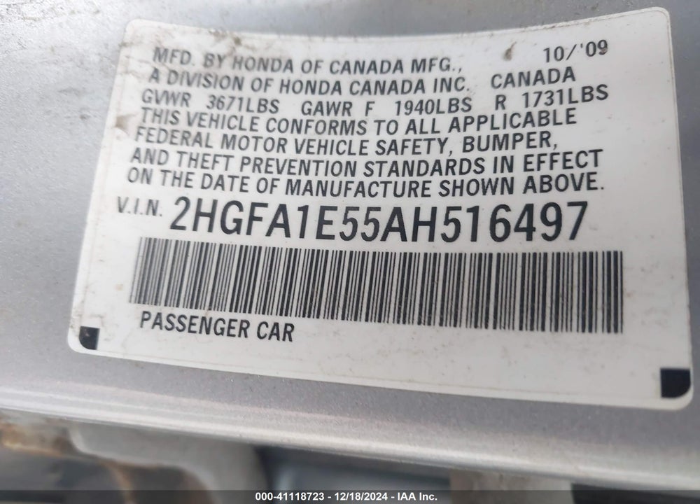 2010 HONDA CIVIC LX VIN: 2HGFA1E55AH516497