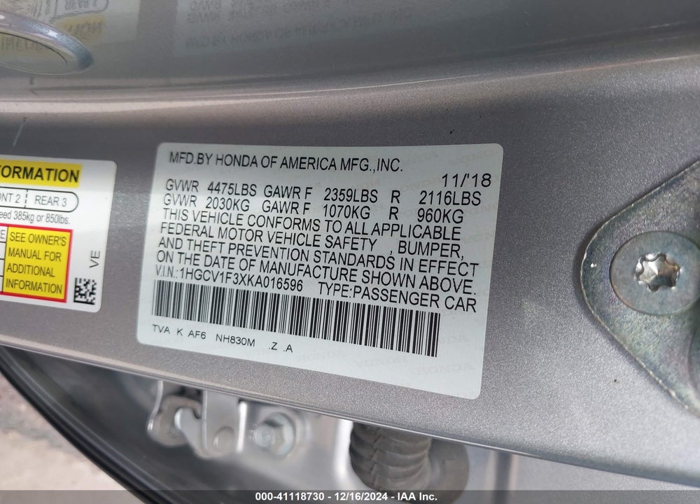 2019 HONDA ACCORD SPORT VIN: 1HGCV1F3XKA016596