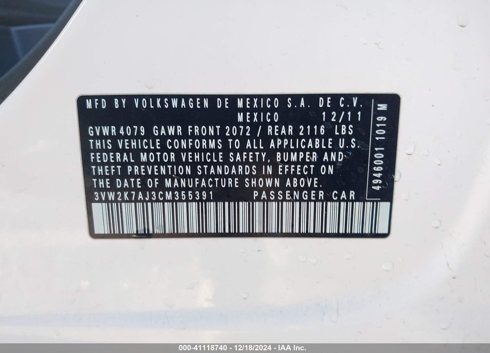2012 VOLKSWAGEN JETTA 2.0L S VIN: 3VW2K7AJ3CM355391