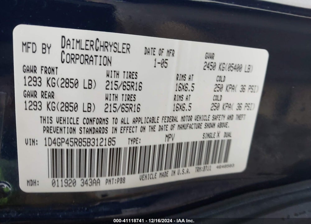 2005 DODGE CARAVAN SXT VIN: 1D4GP45R85B312185