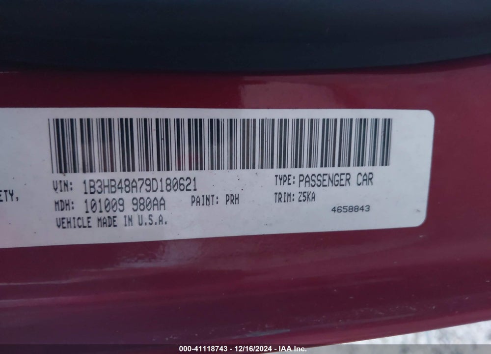 2009 DODGE CALIBER VIN: 1B3HB48A79D180621