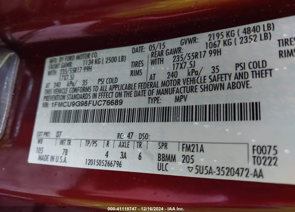 2015 FORD ESCAPE SE VIN: 1FMCU9G98FUC76689