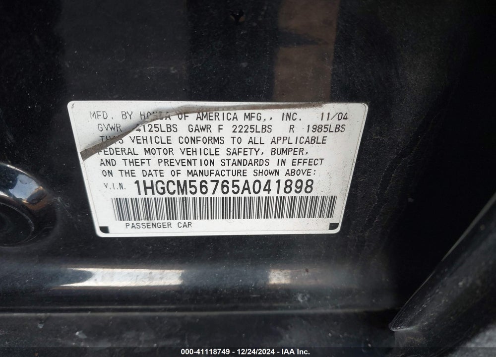 2005 HONDA ACCORD 2.4 EX VIN: 1HGCM56765A041898