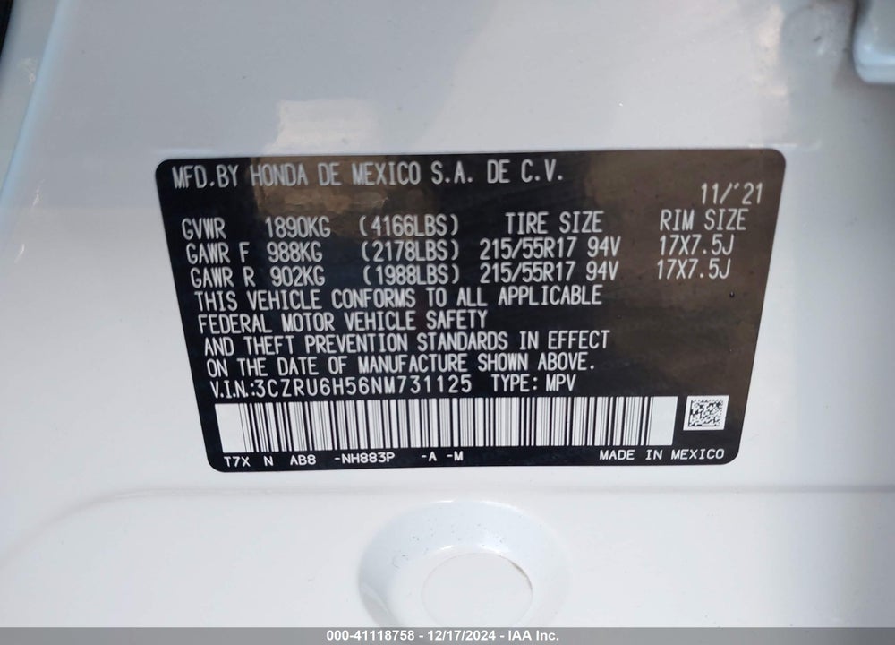 2022 HONDA HR-V VIN: 3CZRU6H56NM731125