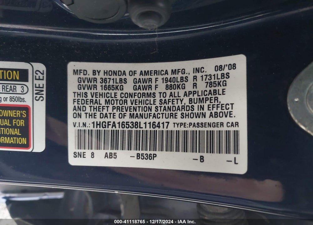 2008 HONDA CIVIC LX VIN: 1HGFA16538L116417