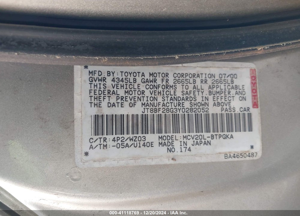 2000 LEXUS ES 300 VIN: JT8BF28G3Y0282052