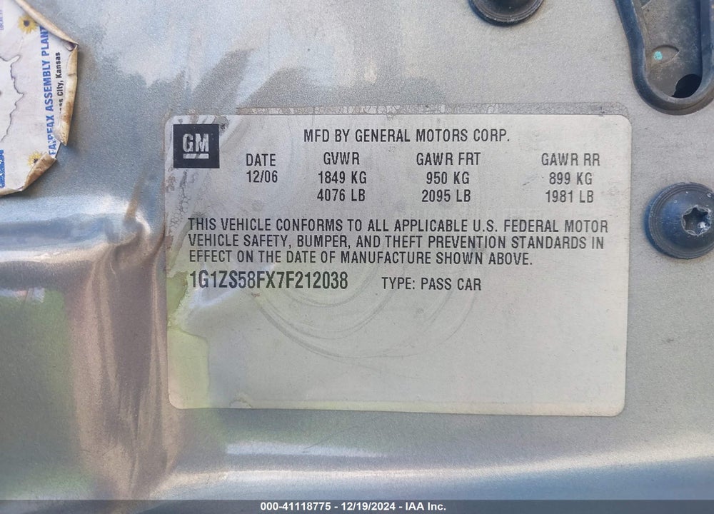 2007 CHEVROLET MALIBU LS VIN: 1G1ZS58FX7F212038