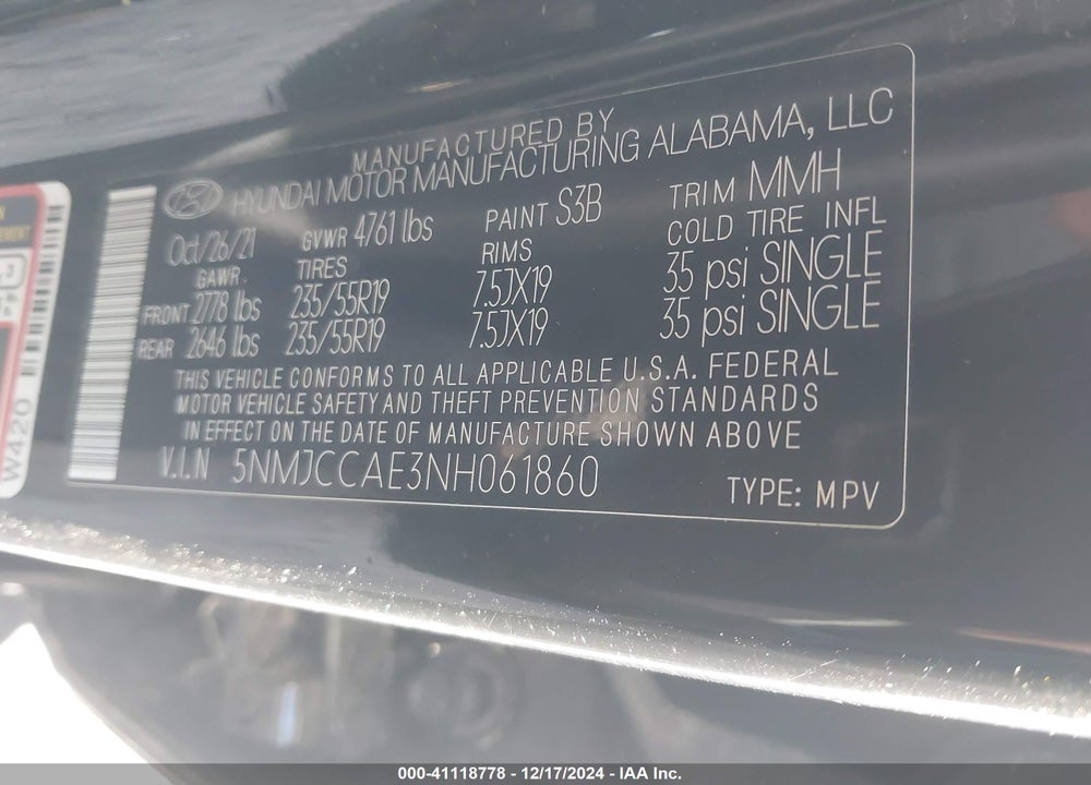 2022 HYUNDAI TUCSON SEL VIN: 5NMJCCAE3NH061860