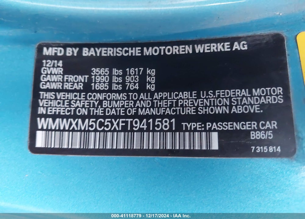 2015 MINI HARDTOP COOPER VIN: WMWXM5C5XFT941581