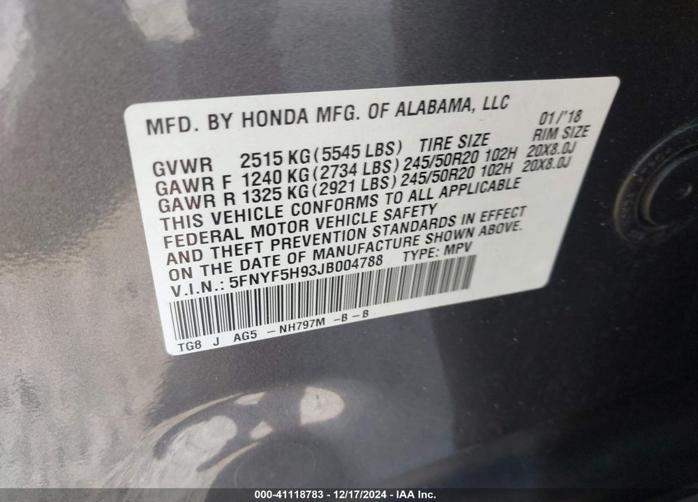 2018 HONDA PILOT TOURING VIN: 5FNYF5H93JB004788