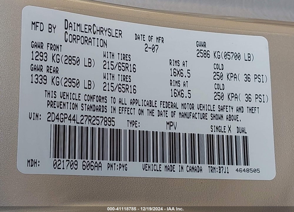 2007 DODGE GRAND CARAVAN SXT VIN: 2D4GP44L27R257895