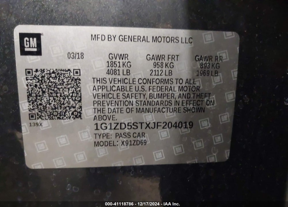 2018 CHEVROLET MALIBU VIN: 1G1ZD5STXJF204019